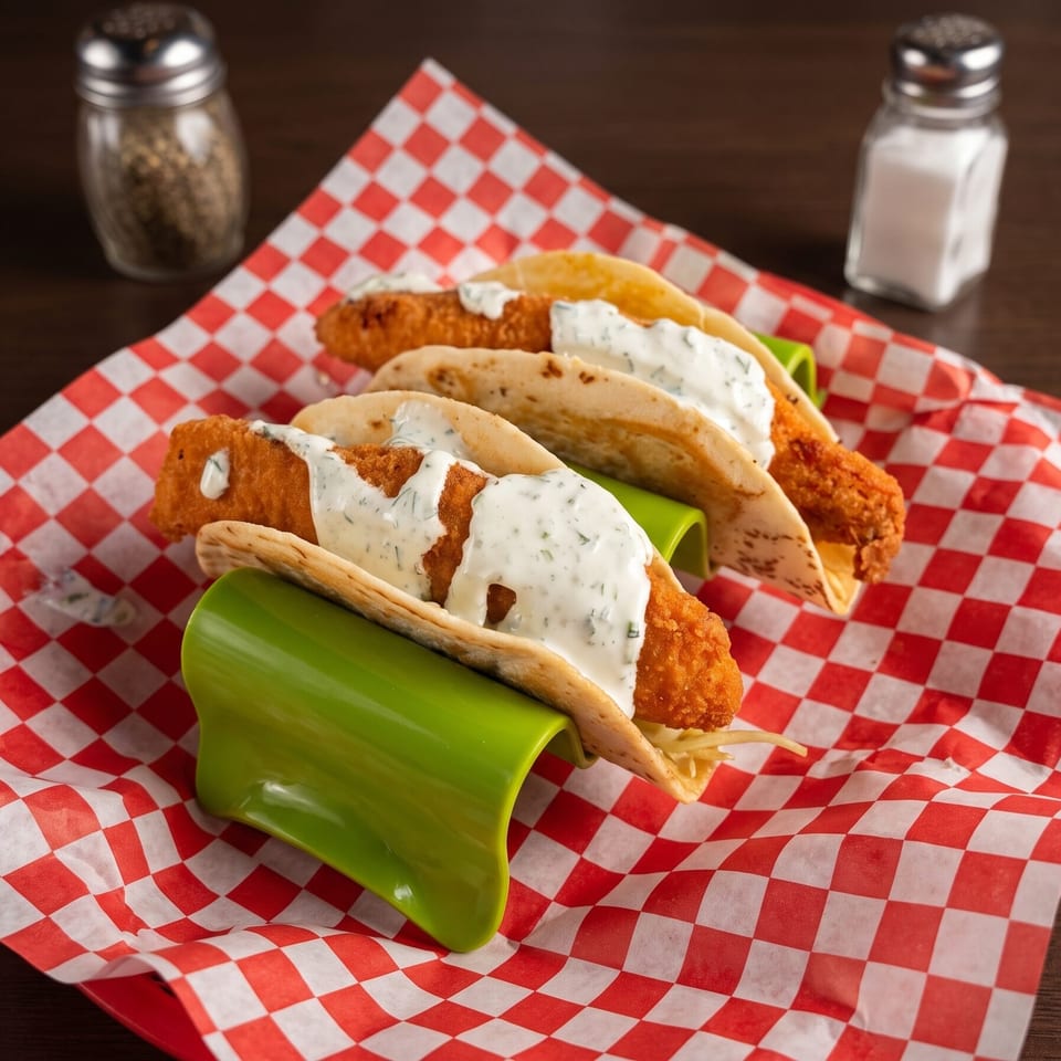 Three crispy fish tacos with white sauce in green holders on red and white checkered paper.