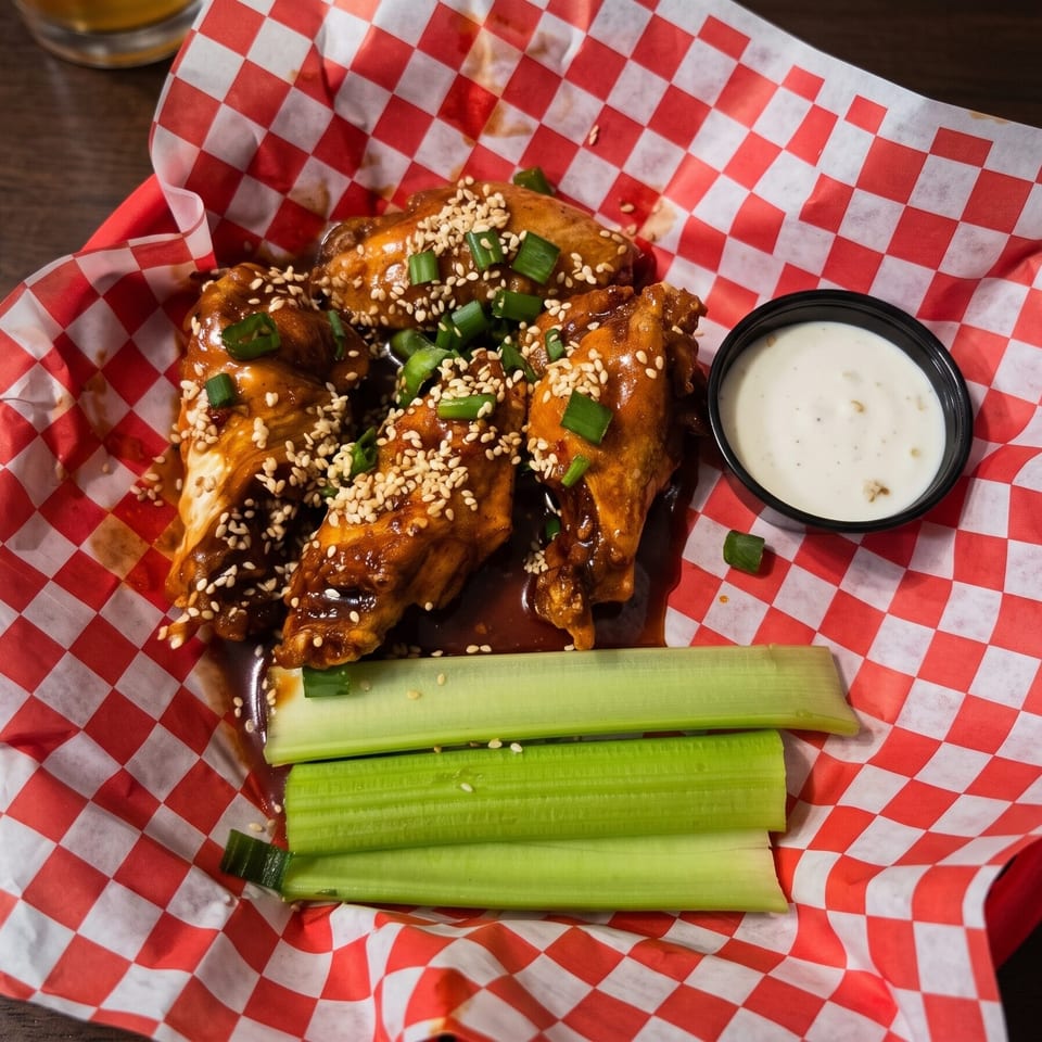 Sweet and spicy chicken wings with sesame seeds, green onions, celery sticks, and ranch dressing.