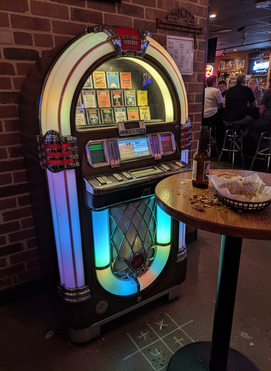 A nostalgic corner of Lucky Dog's Pub showcasing a vintage, slightly scuffed jukebox glowing softly with multicolored lights against a brick wall. The jukebox’s chrome trim, colorful song selection cards, and rounded glass top are captured in crisp detail. Nearby, a small, round cocktail table holds an empty beer bottle, a basket with burger wrappers, and scattered peanut shells. The concrete floor shows subtle wear and faint chalk markings from past games. Low, ambient bar lighting mixes with the jukebox’s gentle glow, casting warm reflections on the brick and metal. Photographic realism shot from a low-angle three-quarter view, with moderate depth of field, creating a nostalgic, hometown hangout mood that emphasizes the dive bar’s character.