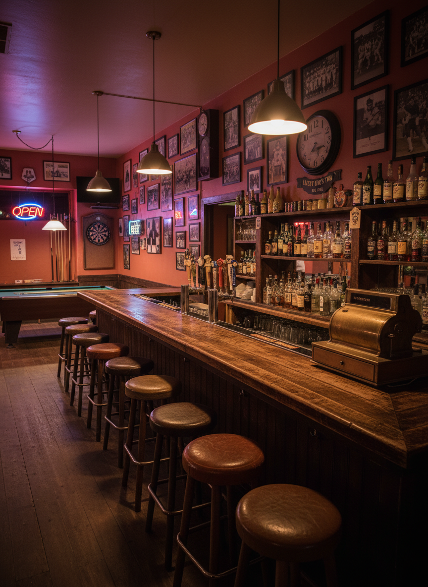 A wide, photographic view of the interior of Lucky Dog's Pub, showing a long, weathered wood bar with a row of empty, mismatched barstools. The back bar is lined with well-used bottles, a small collection of craft beers on tap, and a vintage cash register. The walls display framed local sports memorabilia, faded beer posters, and a classic hanging clock. A pool table and dartboard are visible toward the back, slightly blurred. Warm, low bar lighting from hanging lamps and neon signs creates pools of light and deep shadows, emphasizing the dive bar charm. Shot from a slightly elevated angle with sharp focus throughout, conveying a friendly, lived-in neighborhood atmosphere in photographic realism.