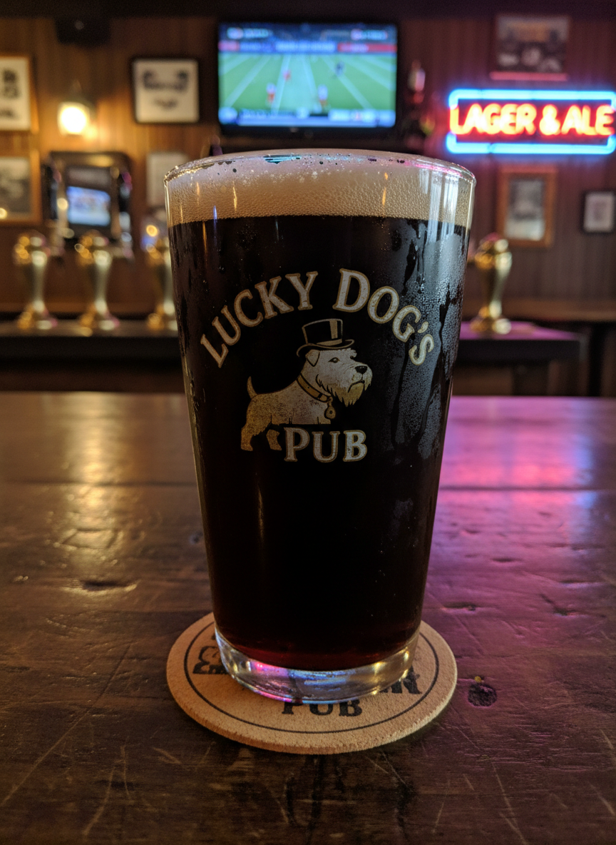 A detailed close-up of a Lucky Dog's Pub branded pint glass, filled with a rich, dark stout, positioned on a coaster featuring a subtle lucky dog logo. The foam head is thick and creamy, with tiny bubbles visible along the rim. The glass sits on a rough, dark wood high-top table, with faint scratches and carved initials. Behind it, out of focus, are illuminated beer taps and a muted television screen showing a sports game. The lighting is moody and warm, coming from side-mounted sconces and a nearby neon sign, creating reflections along the glass and deep shadows beyond. Photographic realism with a centered composition and shallow depth of field, giving an intimate, neighborhood-pub feel.