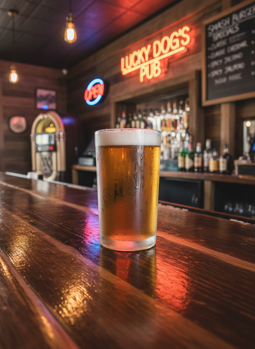 A polished wooden bar top at Lucky Dog's Pub, its surface worn smooth with age, displaying a perfectly poured amber lager in a heavy, frosted glass. Condensation beads on the glass catch the warm glow of vintage neon signs reflected in the lacquered wood. In the background, slightly out of focus, are stacked liquor bottles on rustic shelves, a classic jukebox silhouette, and a chalkboard listing smash burger specials. Soft, warm pendant lighting from above casts gentle highlights and cozy shadows, creating an inviting, hometown atmosphere. Photographic realism with an eye-level composition and shallow depth of field emphasizes the drink and bar texture while keeping the environment recognizable as a relaxed neighborhood dive bar.